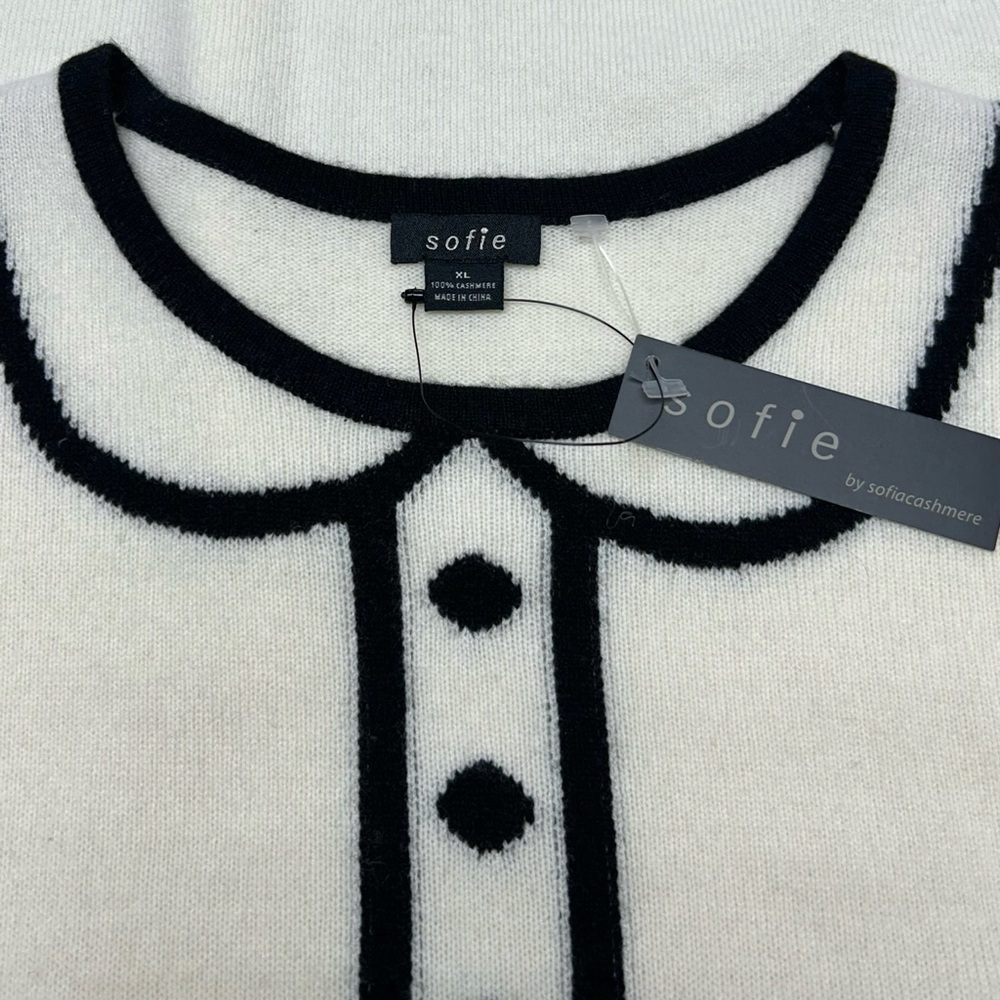 Sofia Cashmere Ivory Cashmere Contrast Trim Short Sleeve Polo Sweater XL NWT - Picture 3 of 5